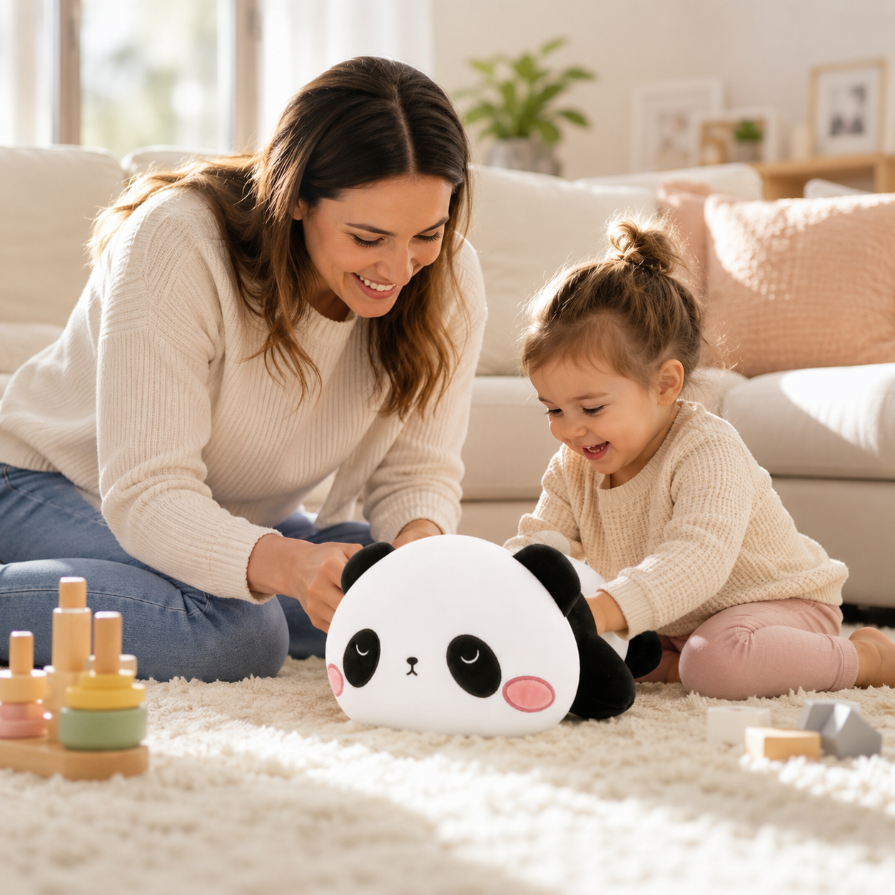 SQEQE weighted panda stuffed animal shared by an adult and child during play