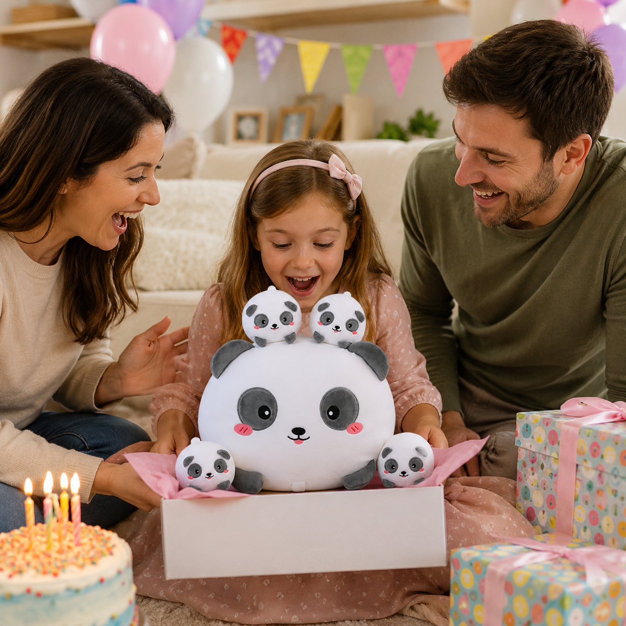 SQEQE panda stuffed animal with babies opened as a family birthday gift