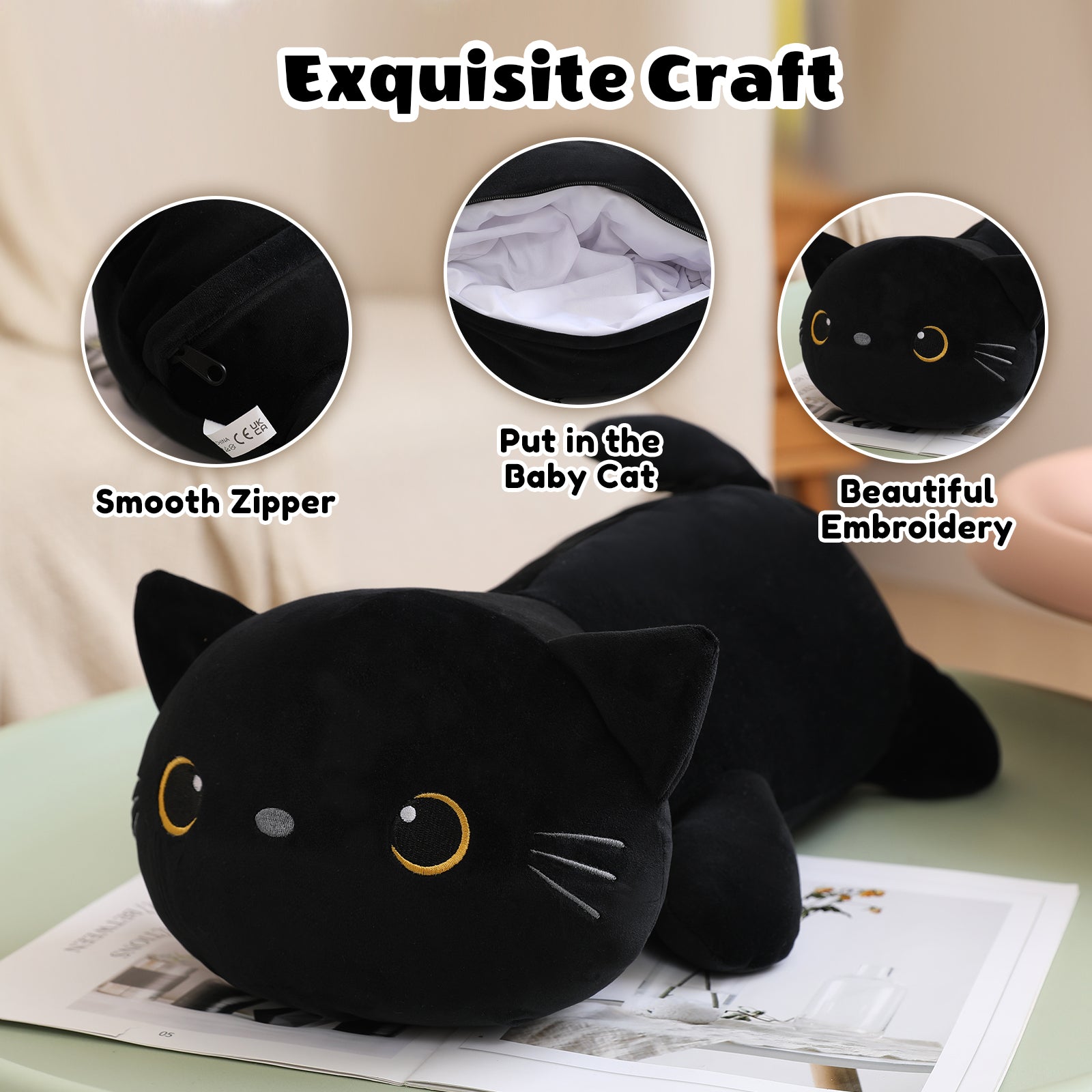SQEQE cat stuffed animal with babies shown in a product construction and storage guide