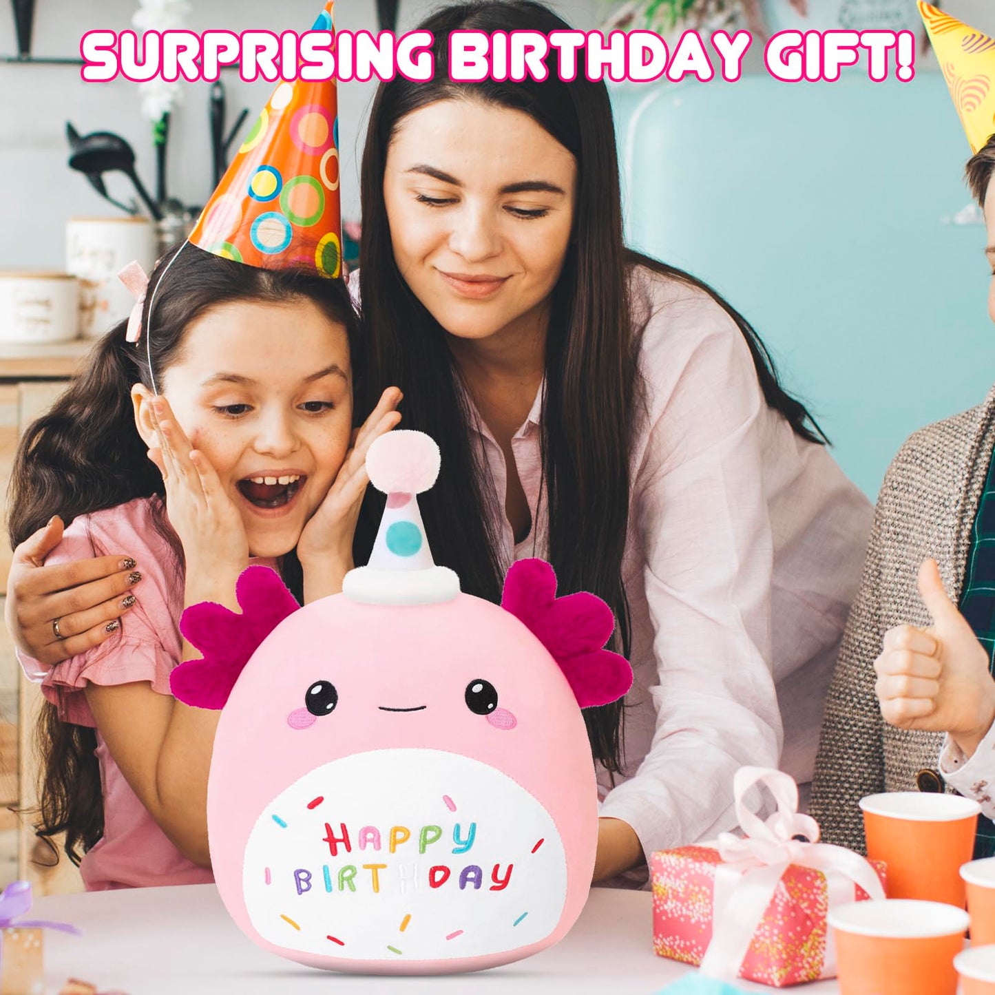 SQEQE birthday axolotl plush toy held during a family birthday celebration