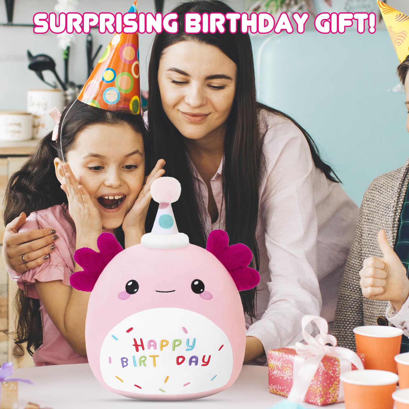 SQEQE birthday axolotl plush toy held during a family birthday celebration