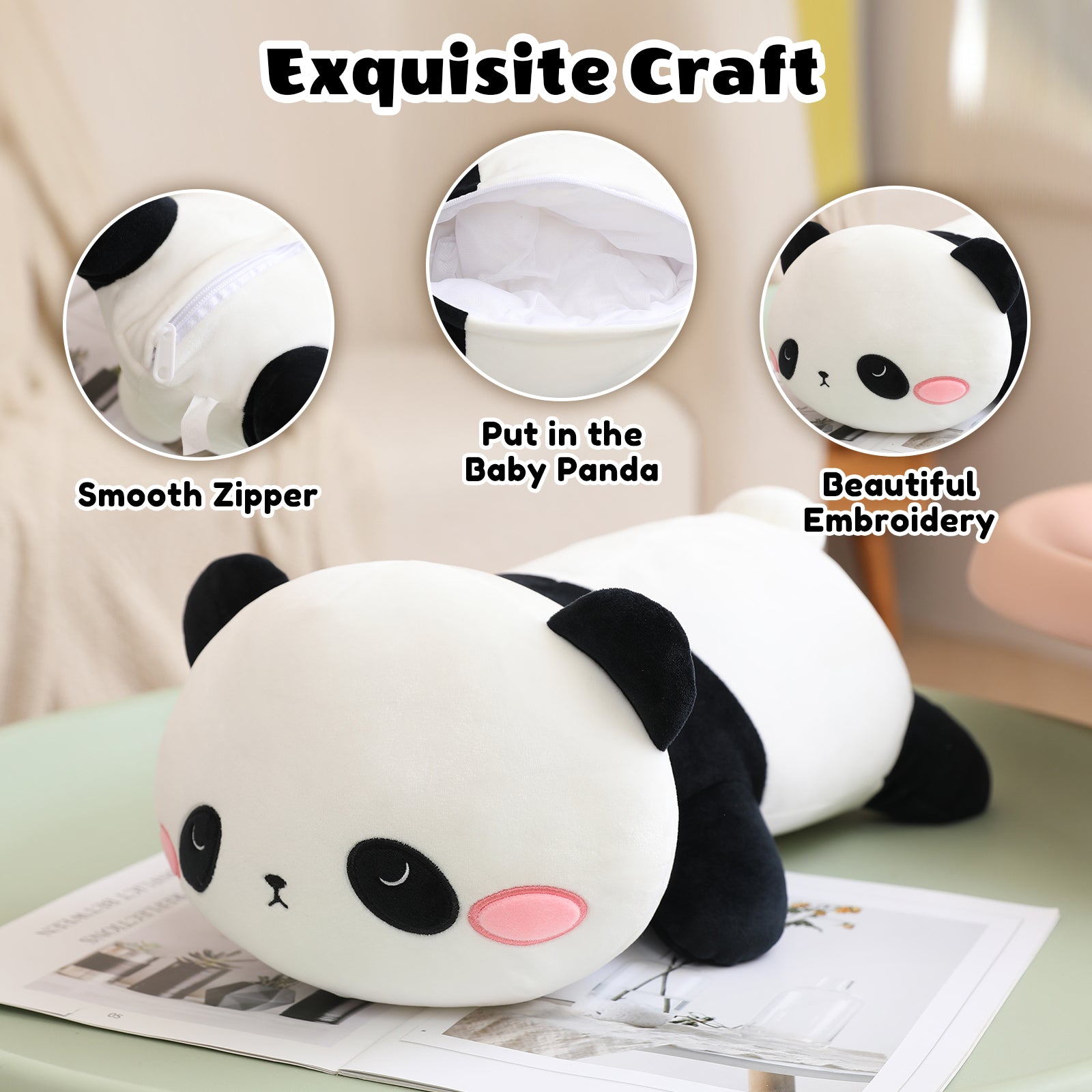 SQEQE panda stuffed animal with babies shown in a product construction and storage guide