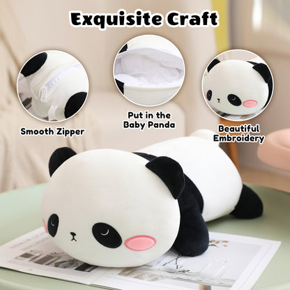 SQEQE panda stuffed animal with babies shown in a product construction and storage guide
