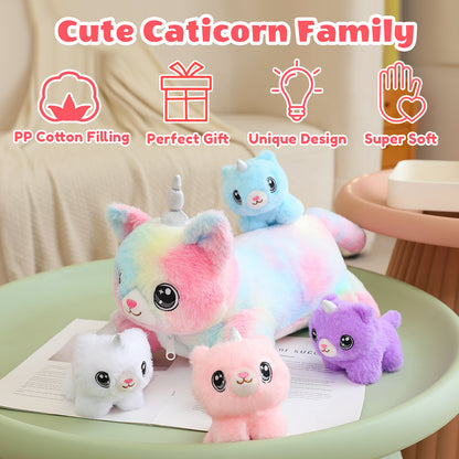 SQEQE caticorn stuffed animal with babies shown in a product feature overview for the plush family