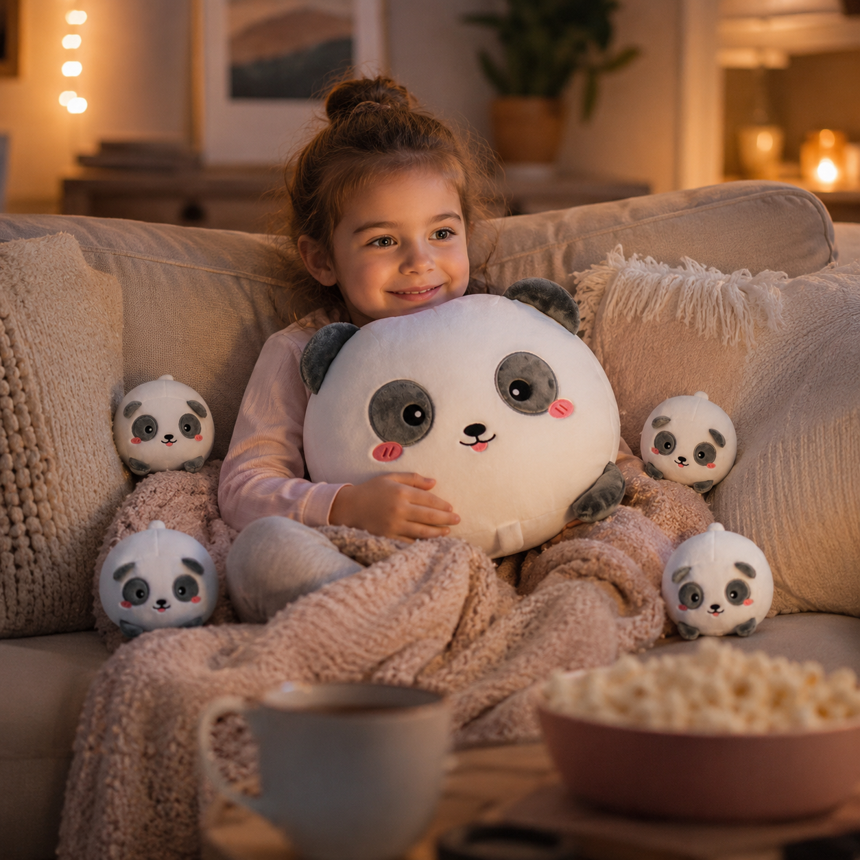 SQEQE panda stuffed animal with babies hugged by a child with the baby plush toys nearby