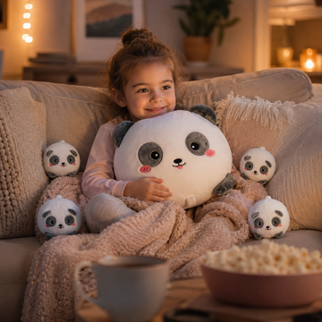 Panda plush family set with one parent stuffed animal and four baby pandas