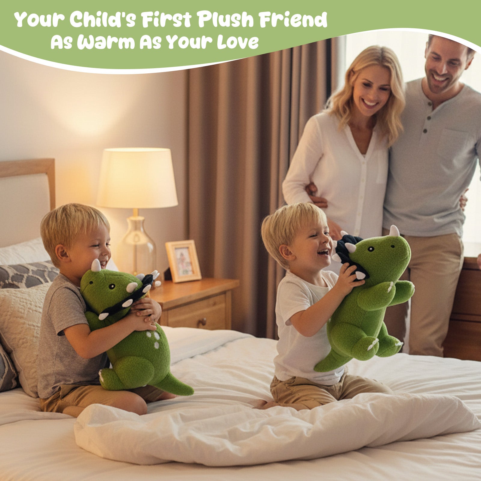 SQEQE weighted triceratops stuffed animal given as a first plush gift in a family bedroom