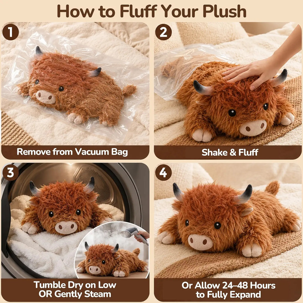 SQEQE Highland Cow Weighted Stuffed Animal — unpacking and fluffing instructions