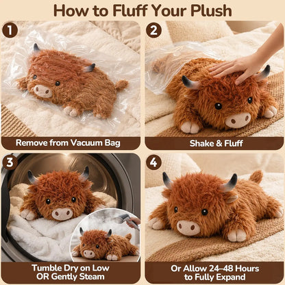 SQEQE Highland Cow Weighted Stuffed Animal — unpacking and fluffing instructions