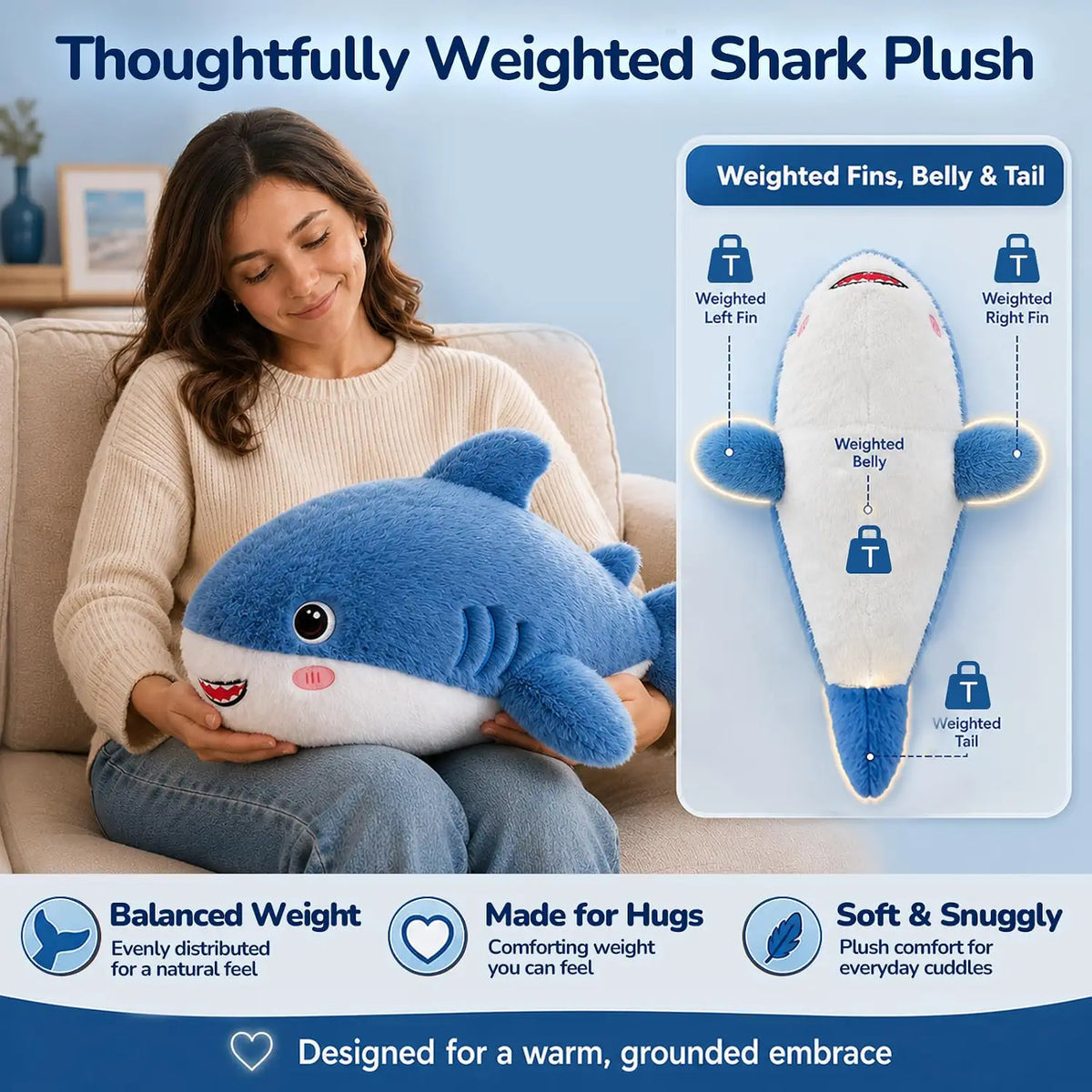 SQEQE Shark Weighted Stuffed Animal — weighted areas