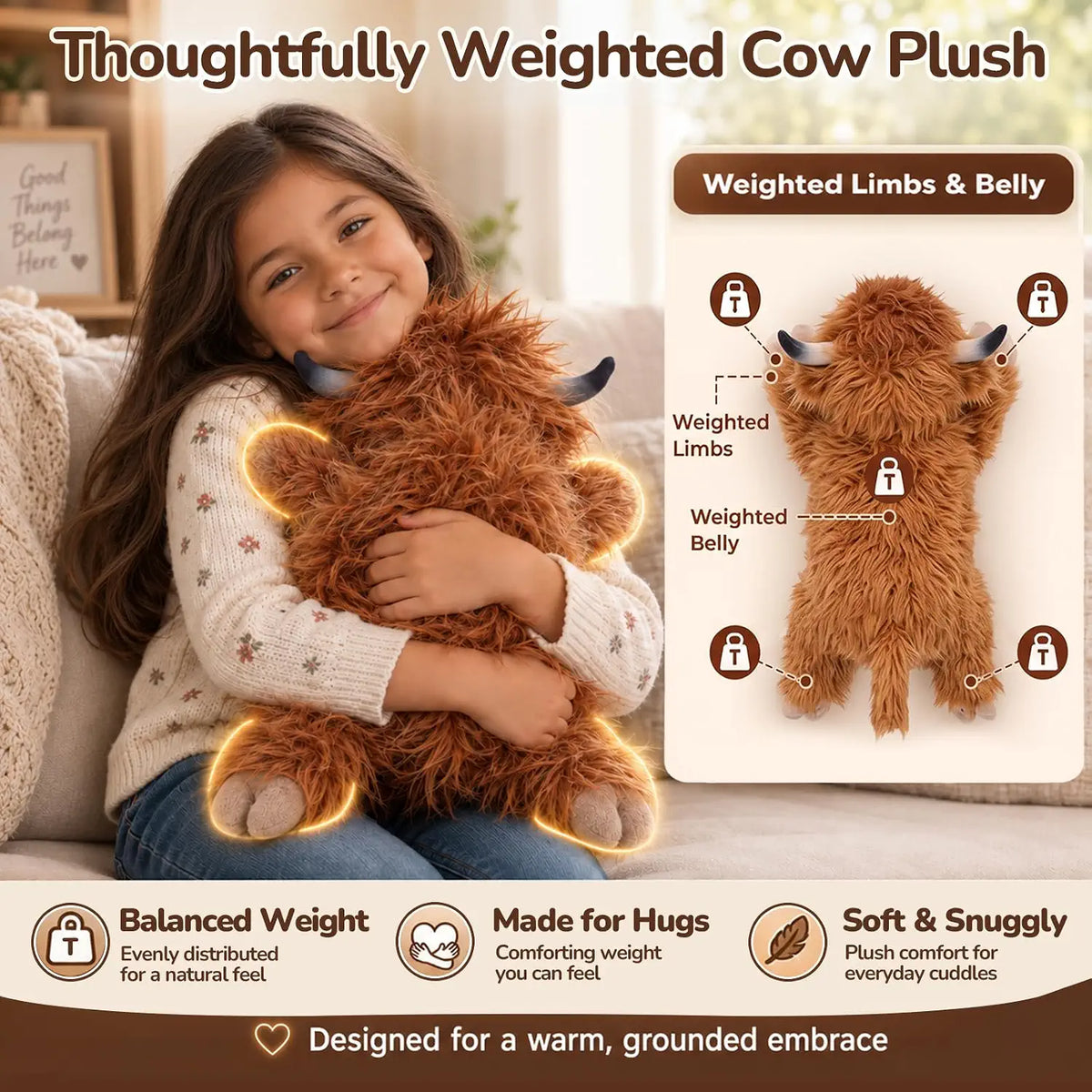 SQEQE Highland Cow Weighted Stuffed Animal — weighted areas