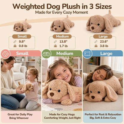 SQEQE Labrador Weighted Stuffed Animal — size and weight chart; this listing is Large 23.6 inch, 3.8 lb