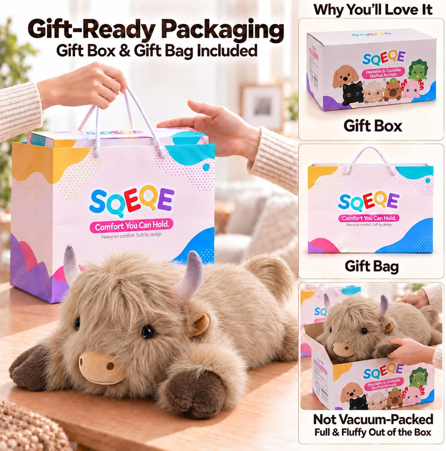 SQEQE Highland Cow weighted stuffed animal - gift box and gift bag packaging