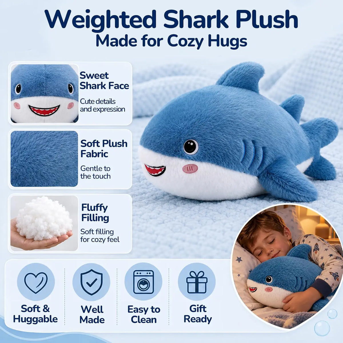 SQEQE Shark Weighted Stuffed Animal — soft plush details
