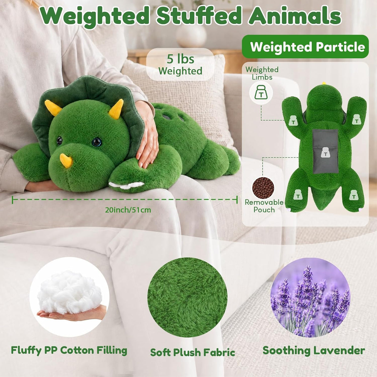 SQEQE Triceratops weighted stuffed animal - 20-inch size, plush fabric, PP cotton filling and removable insert