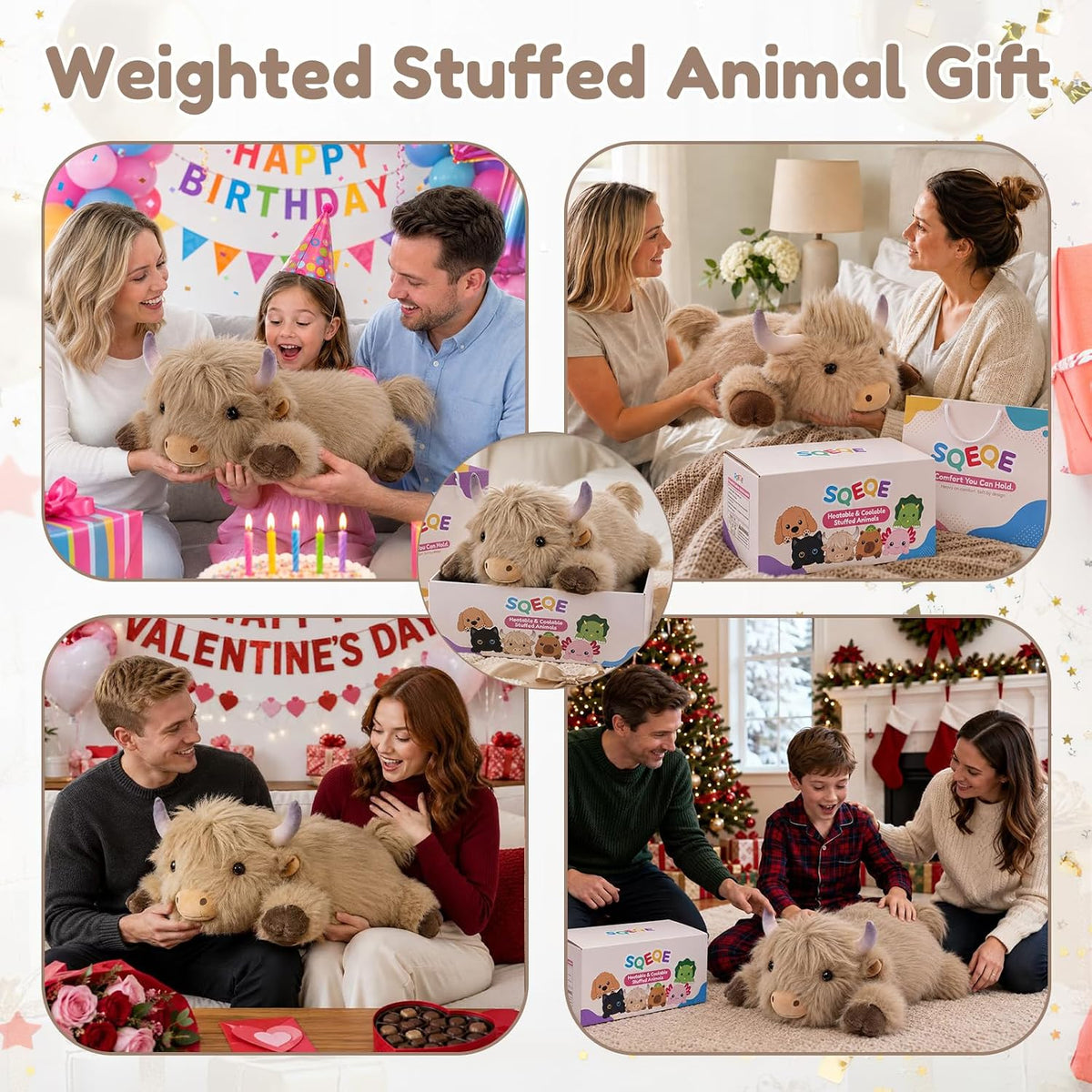 SQEQE Highland Cow weighted stuffed animal - gift occasions with gift box and bag