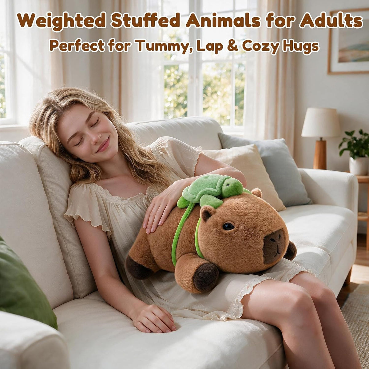 SQEQE Capybara weighted stuffed animal - adult lap and cuddle scene