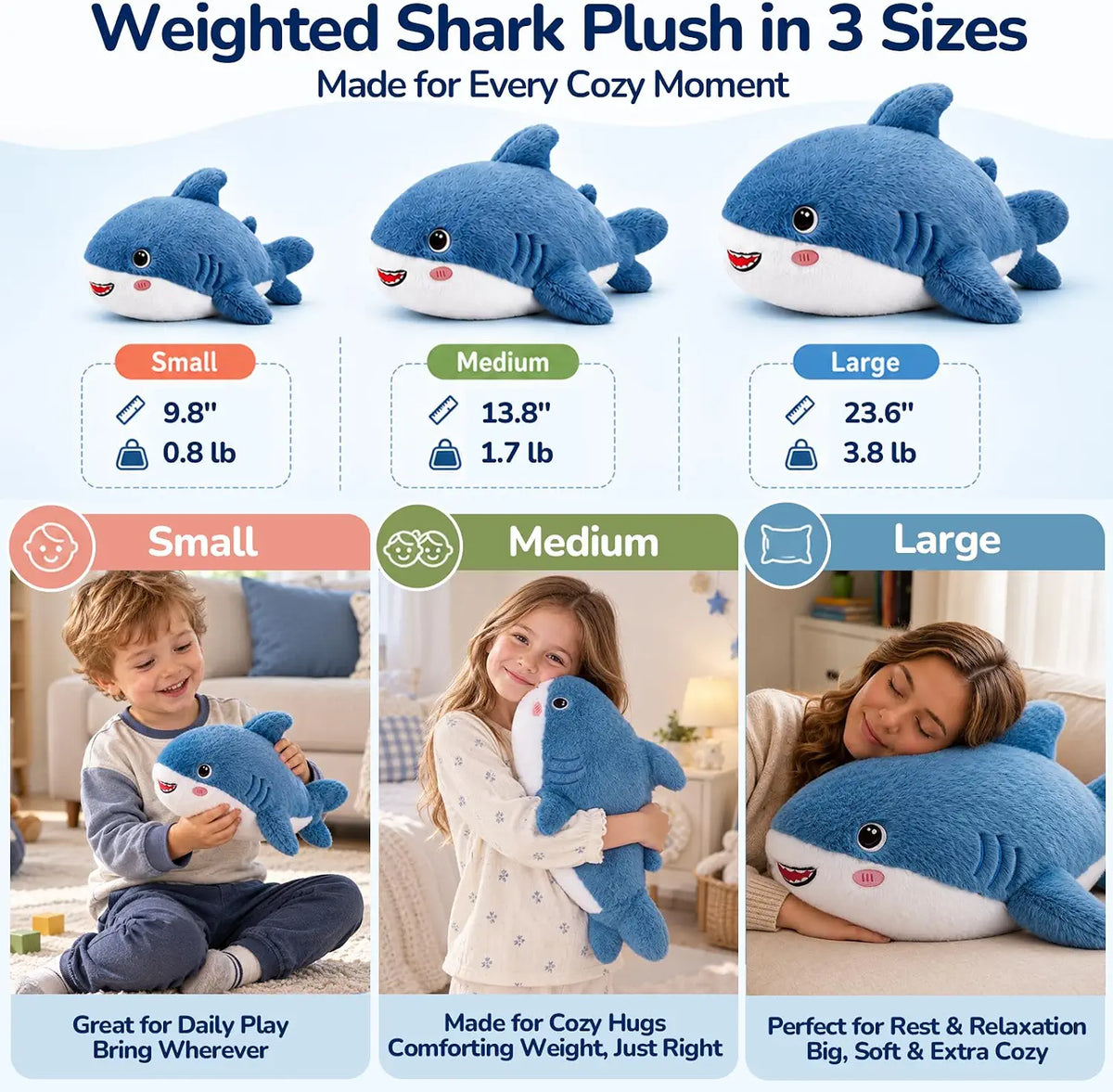 SQEQE Shark Weighted Stuffed Animal — size and weight chart; this listing is Large 23.6 inch, 3.8 lb