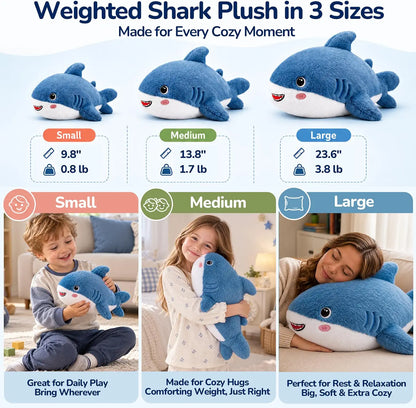 SQEQE Shark Weighted Stuffed Animal — size and weight chart; this listing is Large 23.6 inch, 3.8 lb