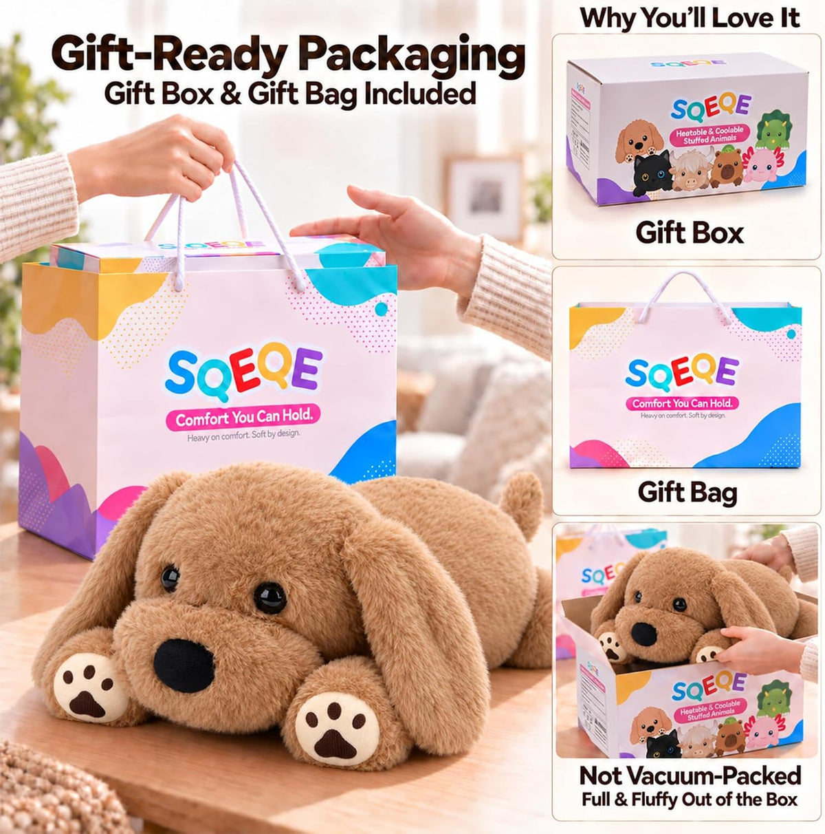 SQEQE Labrador weighted stuffed animal - gift box and gift bag packaging