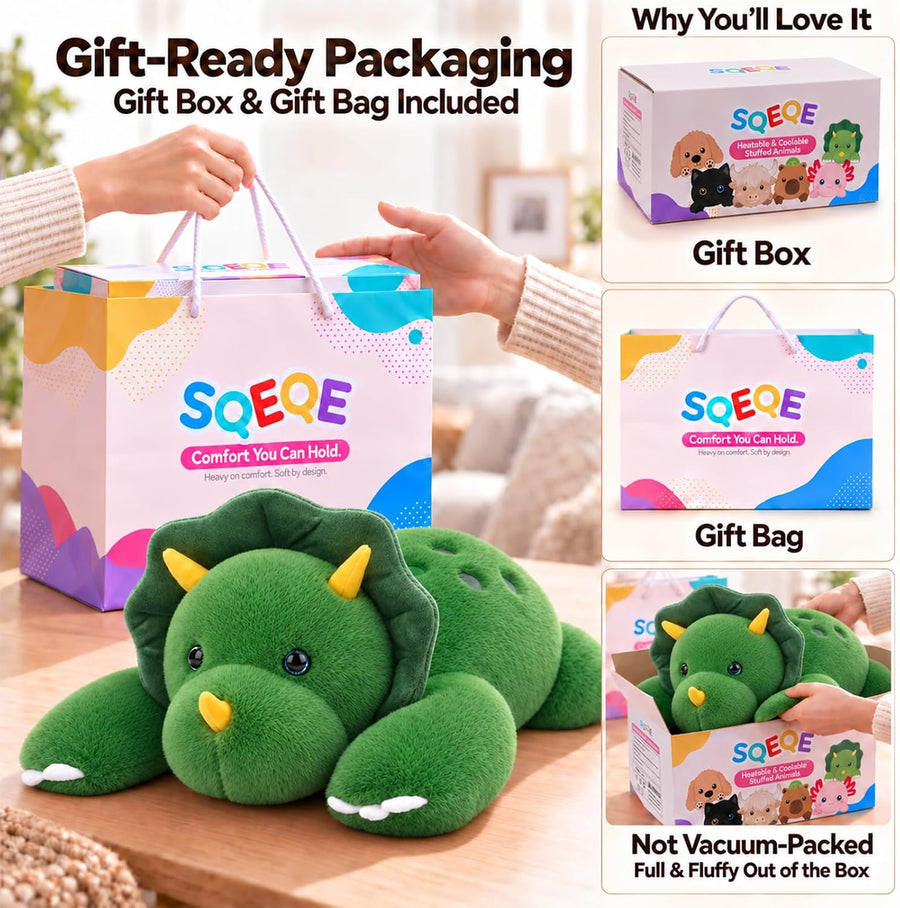 SQEQE Triceratops weighted stuffed animal - gift box and gift bag packaging