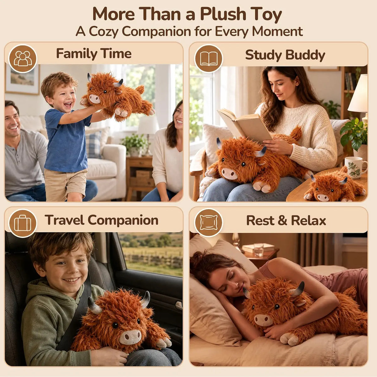 SQEQE Highland Cow Weighted Stuffed Animal — everyday use scenes