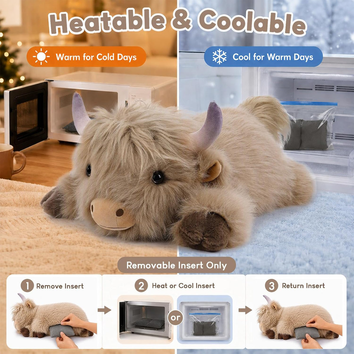 SQEQE Highland Cow weighted stuffed animal - removable insert for warming or cooling