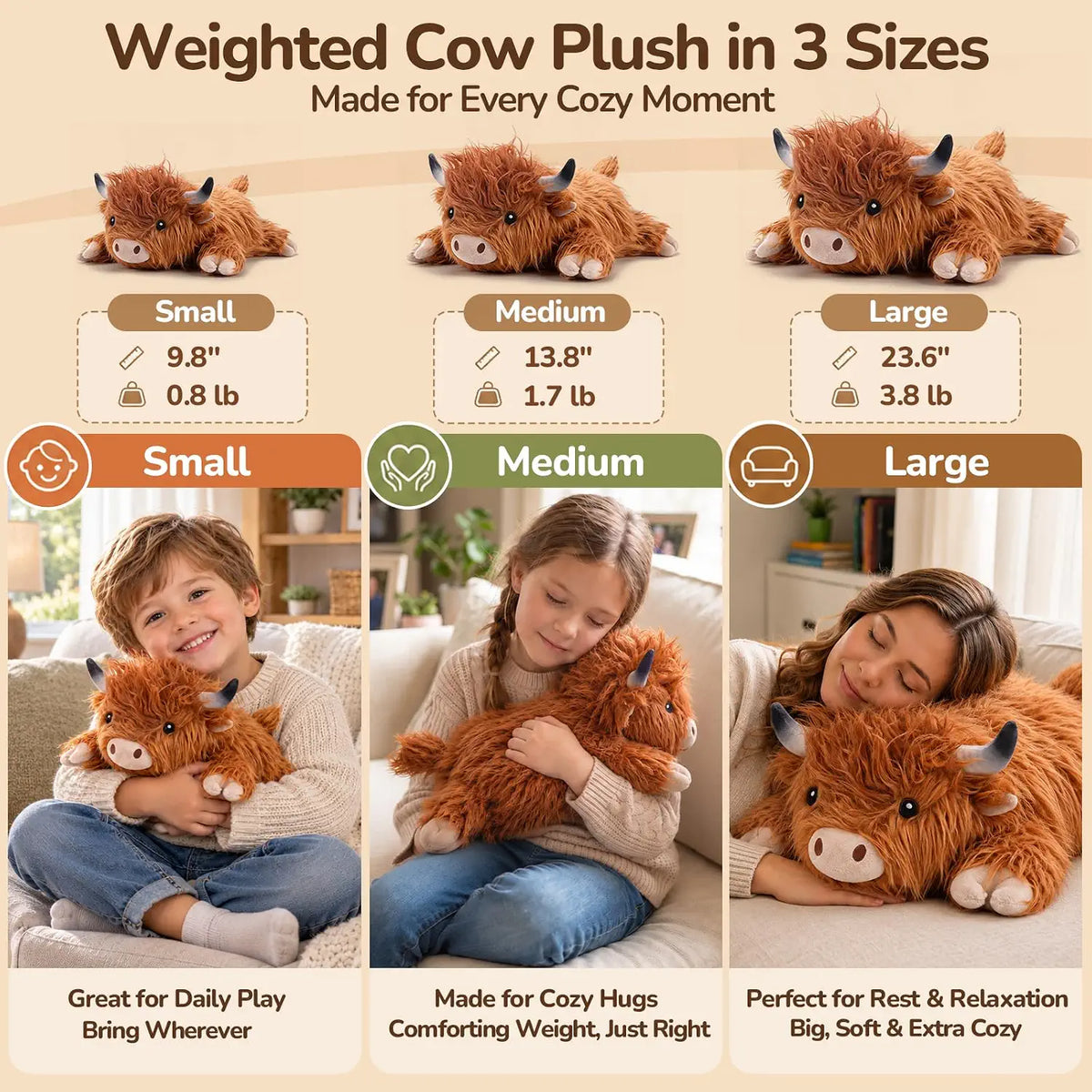 SQEQE Highland Cow Weighted Stuffed Animal — size and weight chart; this listing is Large 23.6 inch, 3.8 lb