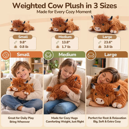 SQEQE Highland Cow Weighted Stuffed Animal — size and weight chart; this listing is Large 23.6 inch, 3.8 lb