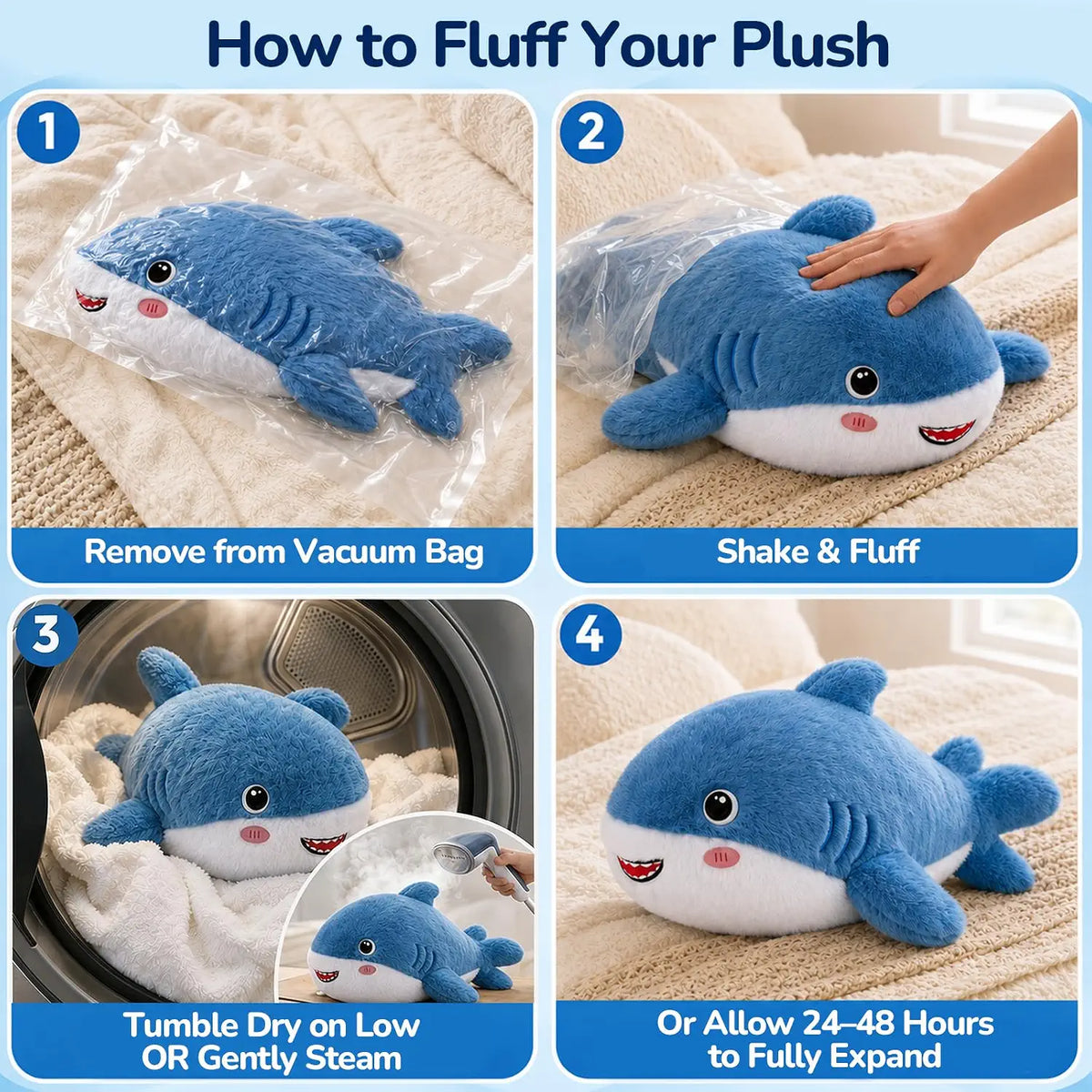 SQEQE Shark Weighted Stuffed Animal — unpacking and fluffing instructions