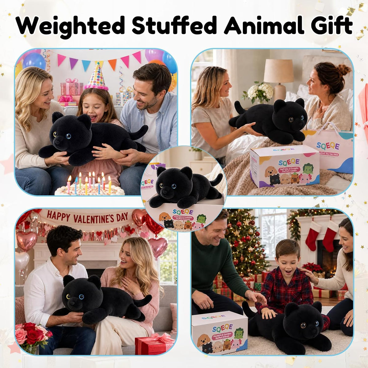 SQEQE Black Cat weighted stuffed animal - gift occasions with gift box and bag