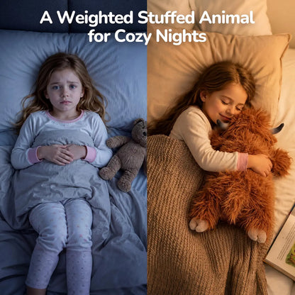 SQEQE Highland Cow Weighted Stuffed Animal — evening cuddle scene