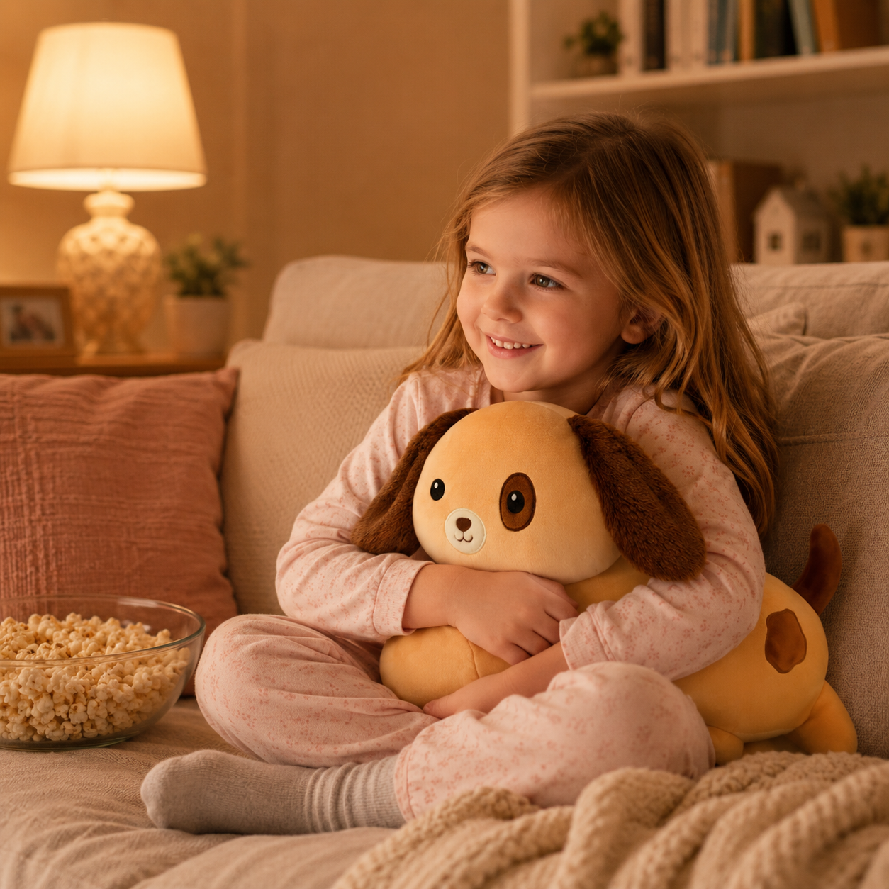 SQEQE weighted dog stuffed animal hugged by a child during a quiet evening at home