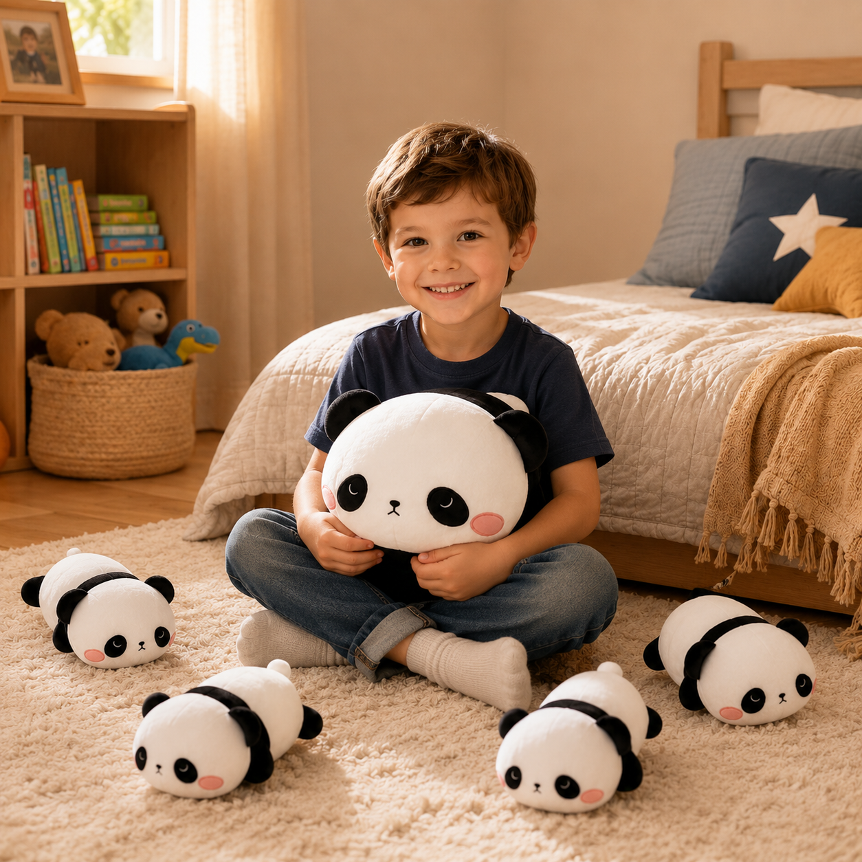 SQEQE panda stuffed animal with babies shared by a child with the baby pandas nearby