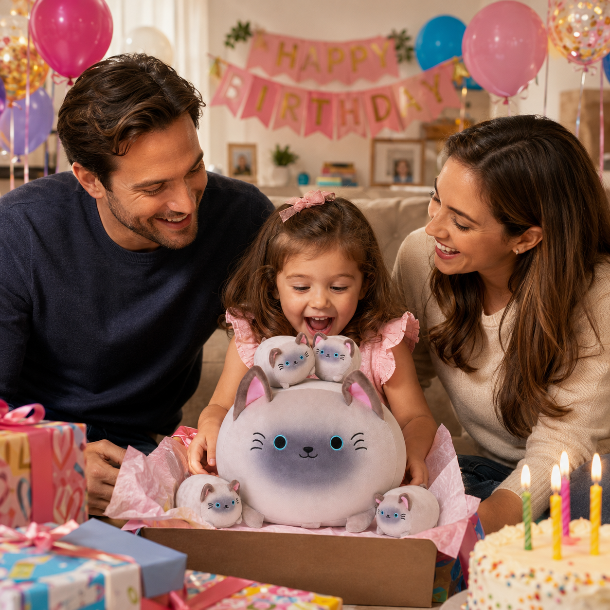 SQEQE Siamese cat stuffed animal with babies opened as a family birthday gift