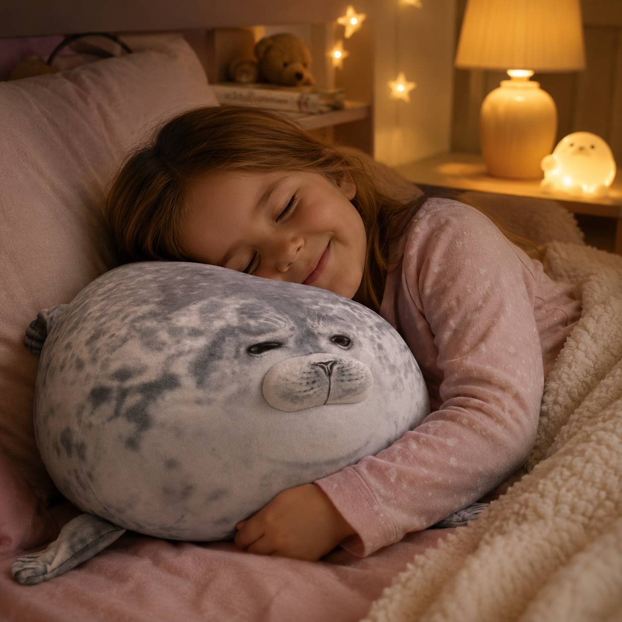 SQEQE weighted seal stuffed animal hugged by a child during sleep