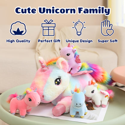 SQEQE unicorn stuffed animal with babies arranged in a complete unicorn plush family display