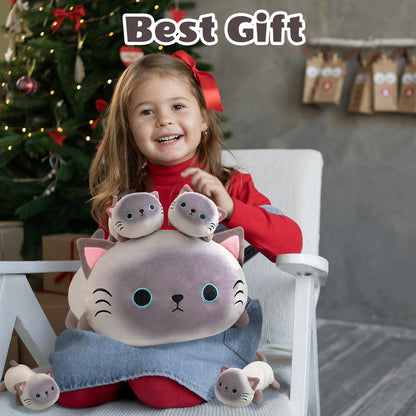 SQEQE Siamese cat stuffed animal with babies opened as a family gift during a holiday moment