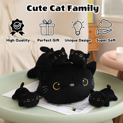SQEQE cat stuffed animal with babies arranged in a complete cat plush family display