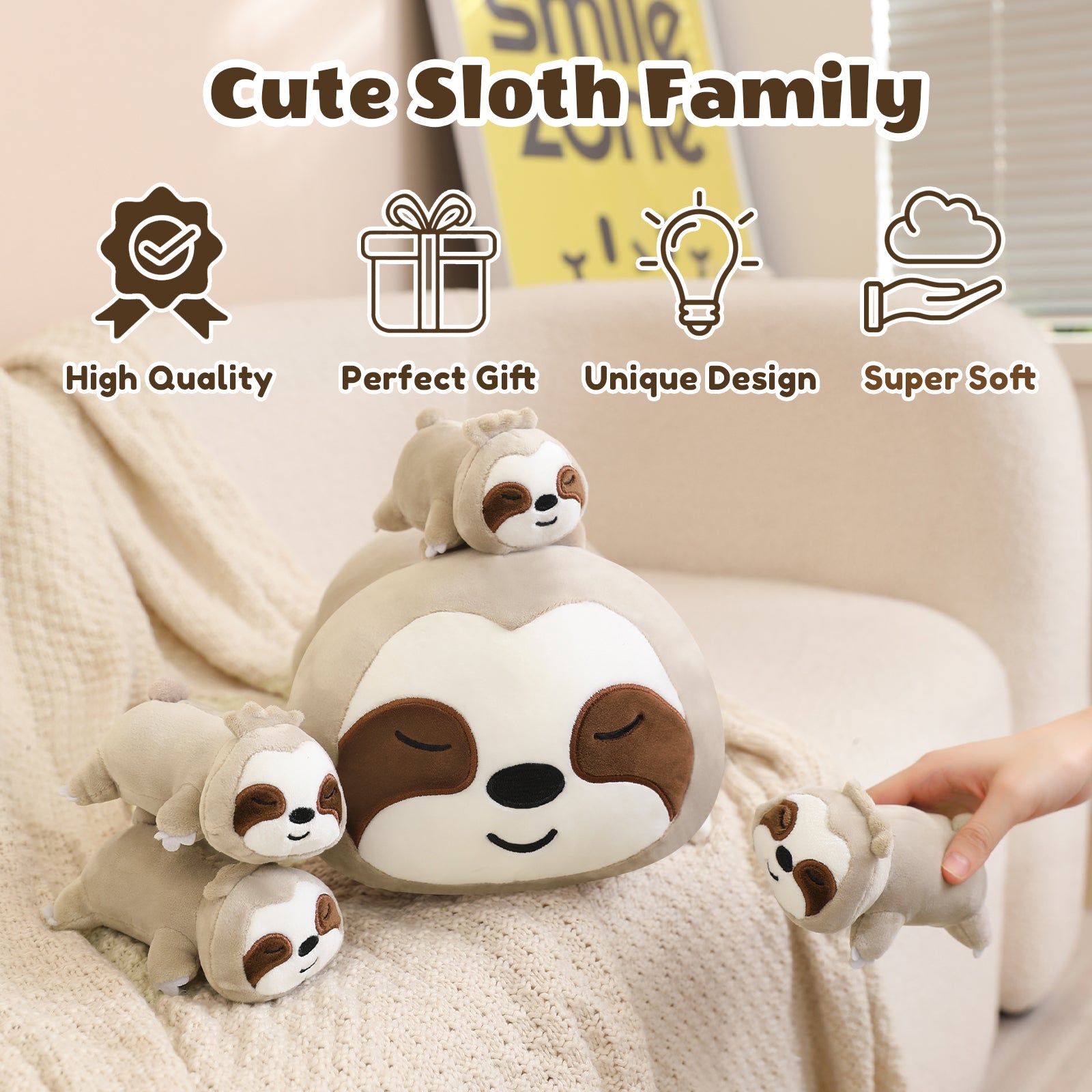 SQEQE sloth stuffed animal with babies arranged in a plush family product overview