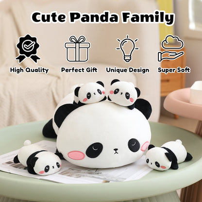 SQEQE panda stuffed animal with babies arranged in a complete panda plush family display