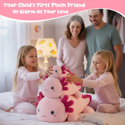 SQEQE weighted axolotl stuffed animal displayed in a family gift occasion collage