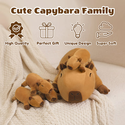 SQEQE capybara stuffed animal with babies displayed as a complete capybara plush family set