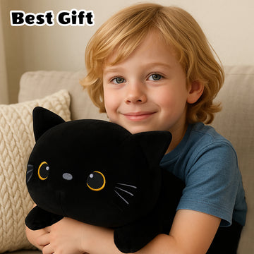 Black cat plush family set with one parent stuffed animal and four baby cats