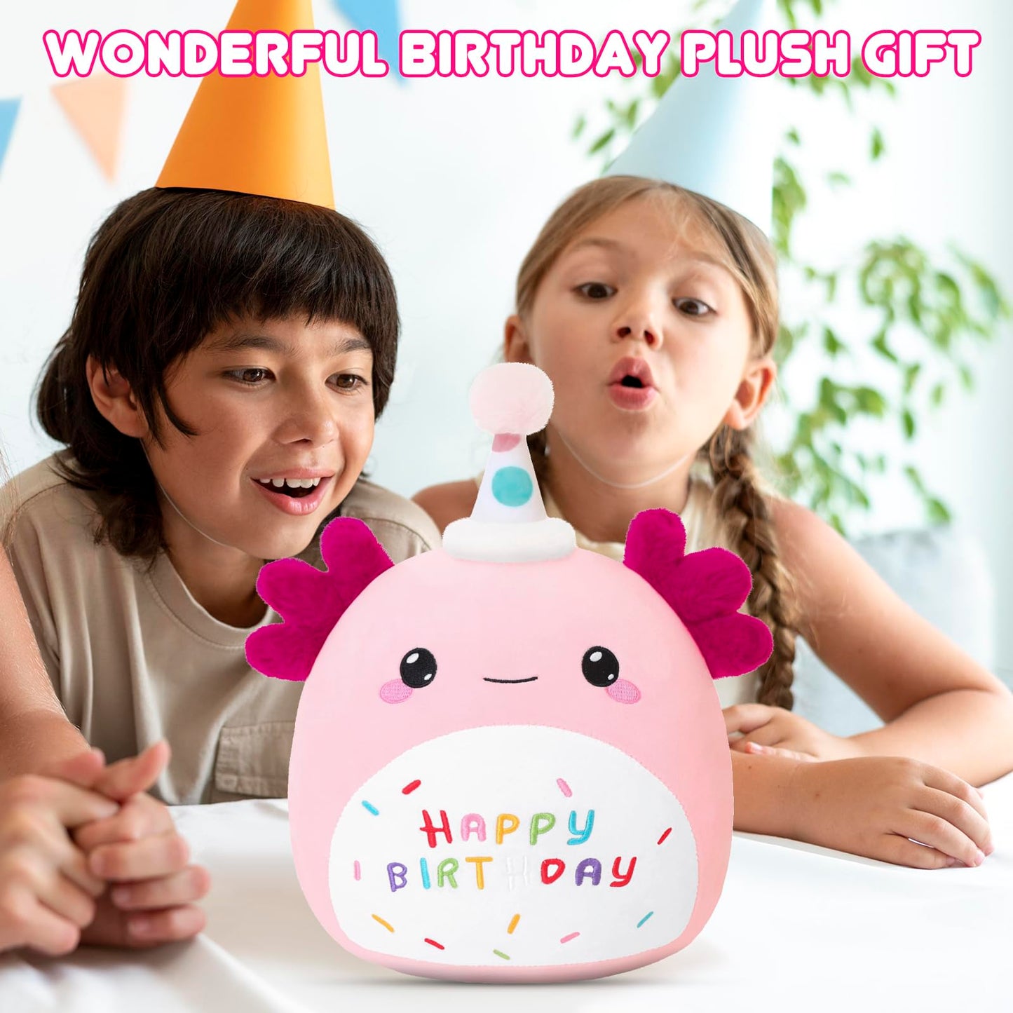 SQEQE birthday axolotl plush toy held by children during a birthday gift moment
