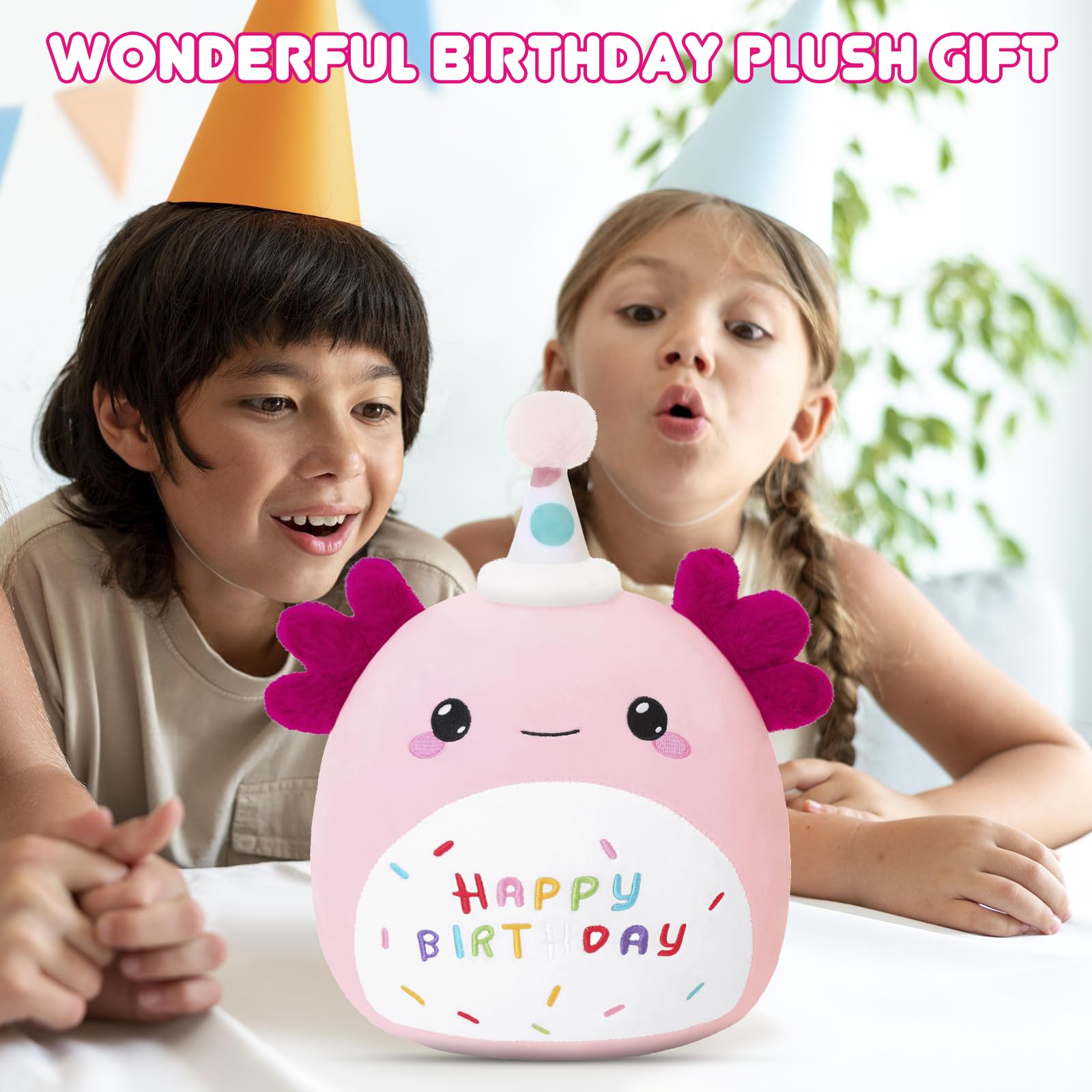 SQEQE birthday axolotl plush toy held by children during a birthday gift moment