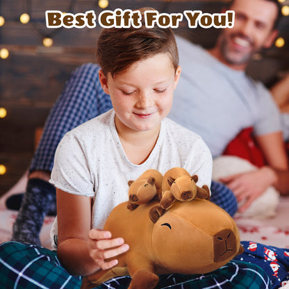SQEQE capybara stuffed animal with babies shown in a parent and baby plush size comparison