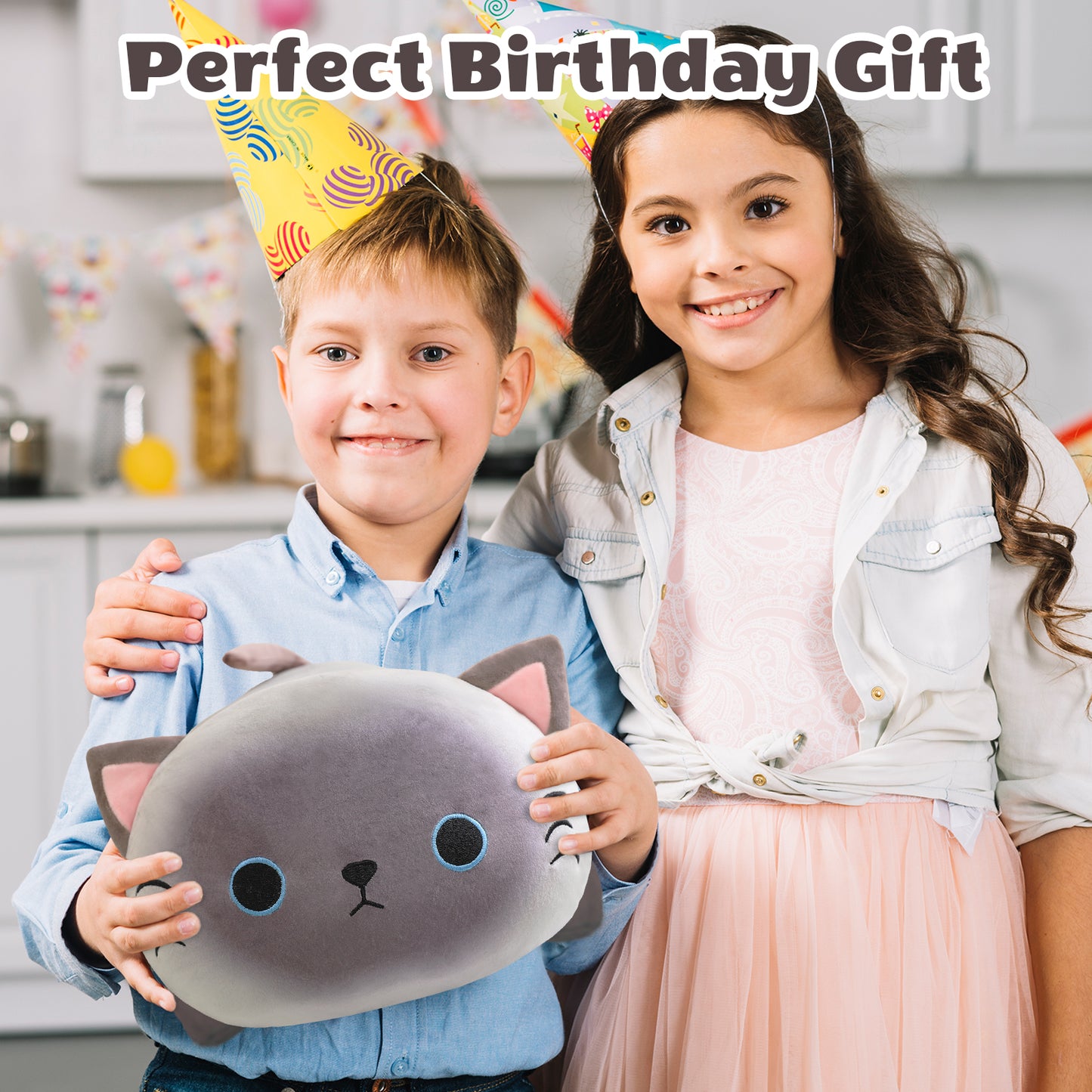 SQEQE Siamese cat stuffed animal with babies held by children during a birthday celebration