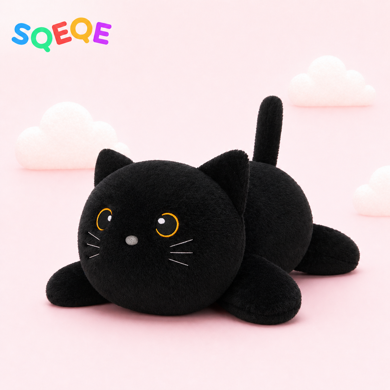 SQEQE weighted cat stuffed animal shown in a second branded low profile studio display