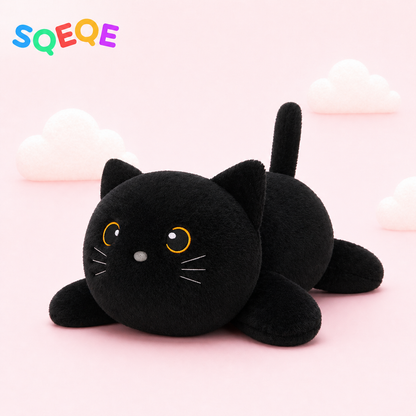 SQEQE weighted cat stuffed animal shown in a second branded low profile studio display